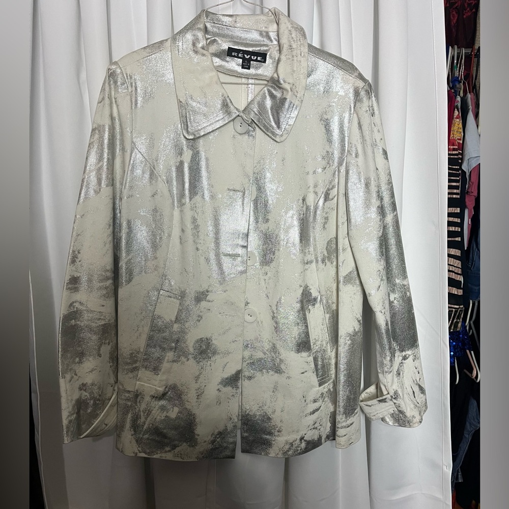 Revue white and silver metallic Jean denim jacket size extra large